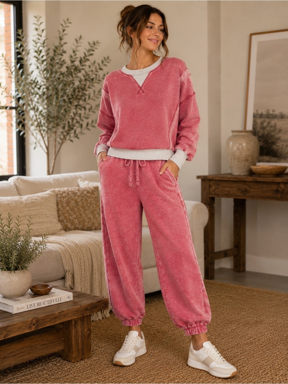 158. Women’s Vintage Red Acid Wash Fleece Pocketed Jogger Sweatpants NEW - Picture 2 of 2